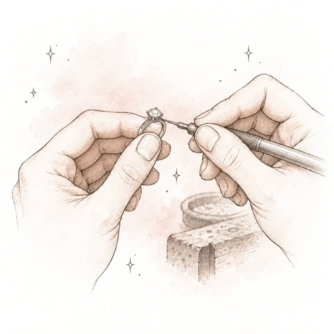 Hand-drawn illustration of a jeweller's loupe and tweezers inspecting a hand-finished ring