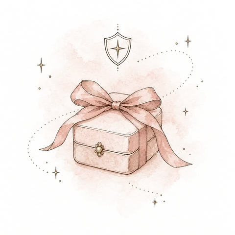 Hand-drawn illustration of a keepsake box, an insurance shield and a tracked delivery route