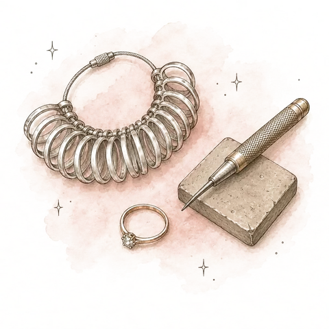 Hand-drawn illustration of a jeweller's tool tray with a ring being measured and engraved