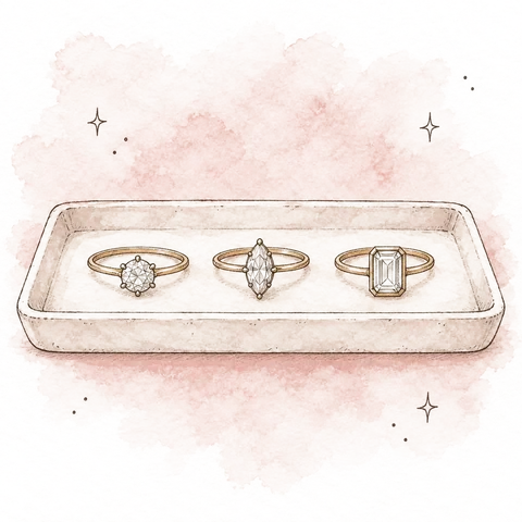 Hand-drawn illustration of three rings resting on a jeweller's tray