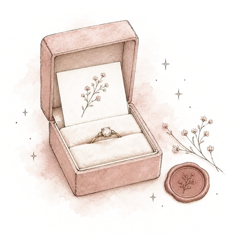 Hand-drawn illustration of a keepsake box with a card and a wax seal