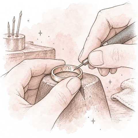 Hand-drawn illustration of a hand engraving a ring by hand