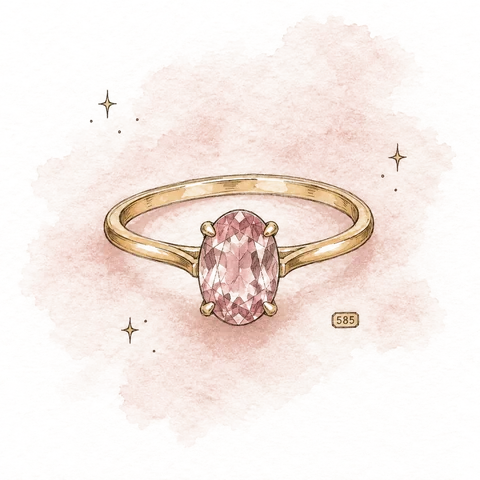 Hand-drawn illustration of a solid gold ring with a natural gemstone and a purity hallmark stamp